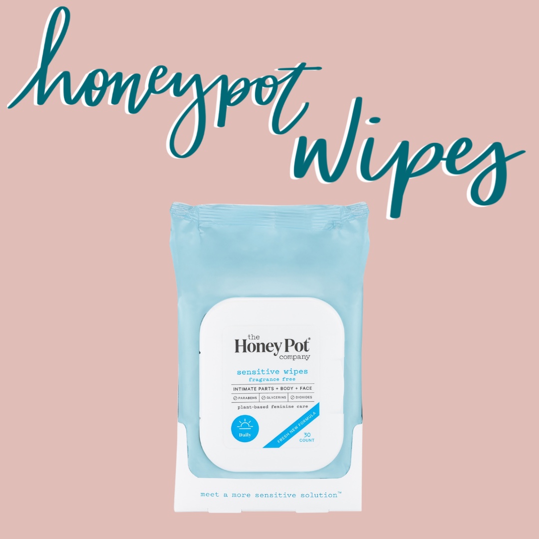 the phrase honeypot wipes drawn in teal against a pink background with honeypots vagina wipes pictured underneath