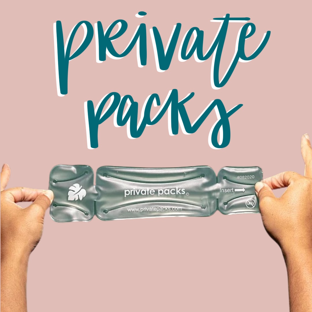 the phrase private packs drawn in teal against a pink background with private packs pictured underneath