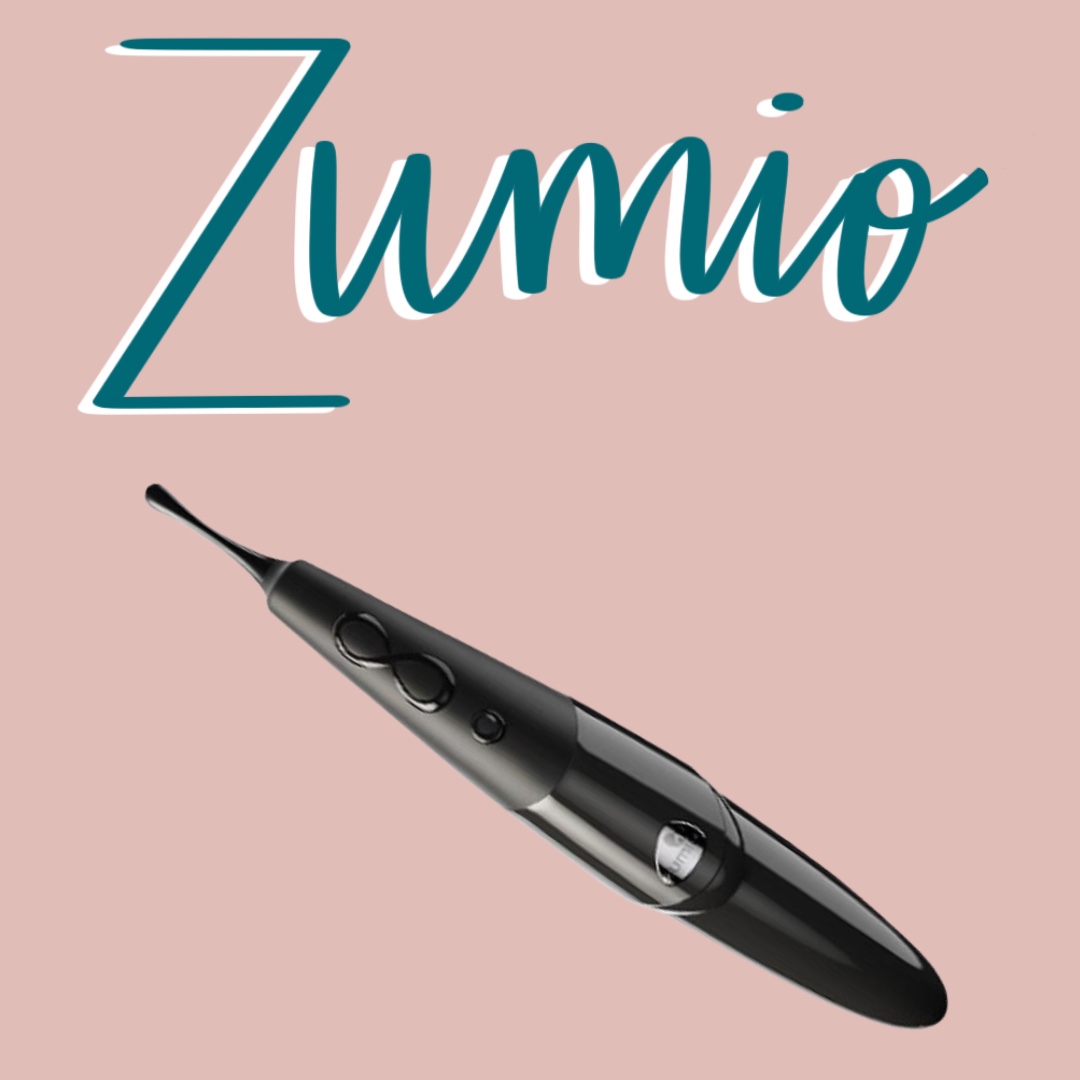 the phrase Zumio drawn in teal against a pink background with Zumio toy pictured underneath