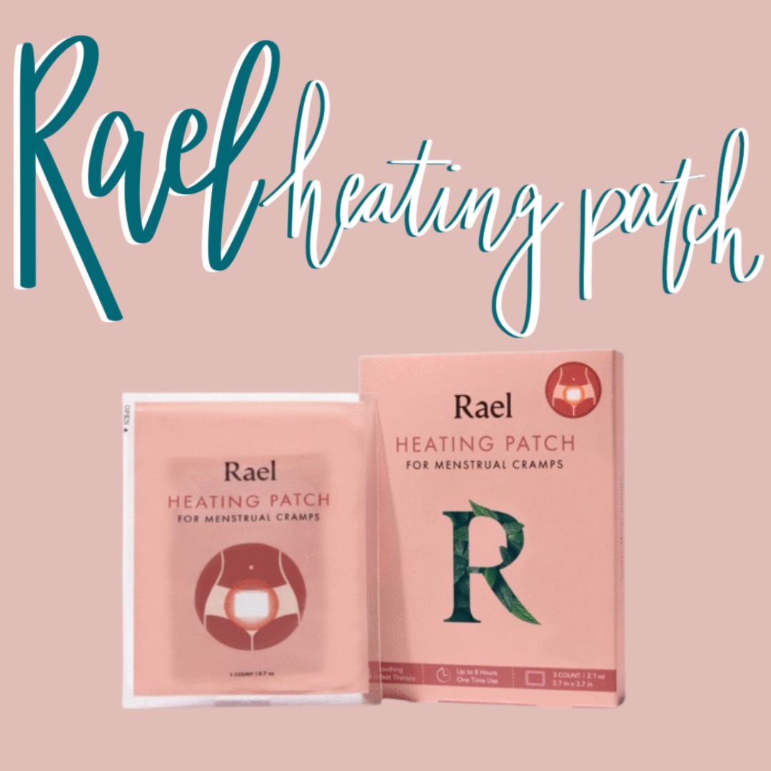 the phrase rael heating patch drawn in teal against a pink background with Rael's heating patch pictured underneath