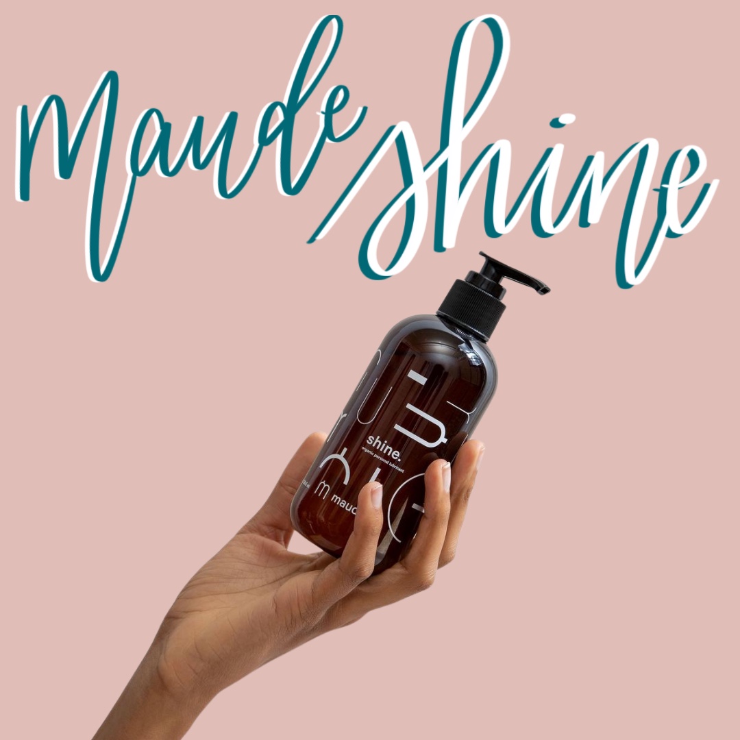 the phrase maude shine drawn in teal against a pink background with maude shine pictured underneath