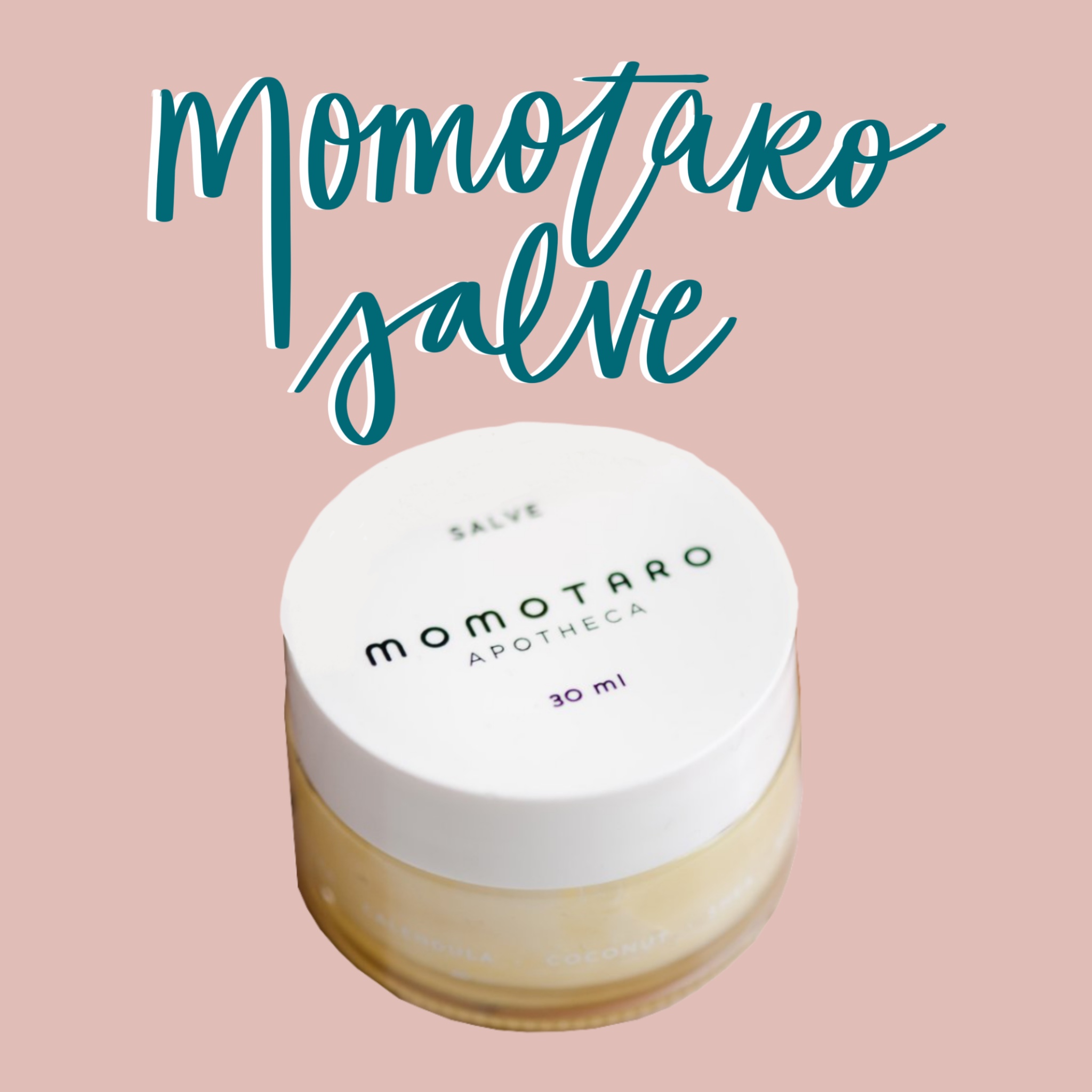 the phrase momotaro salve drawn in teal against a pink background with momotaro's salve pictured underneath
