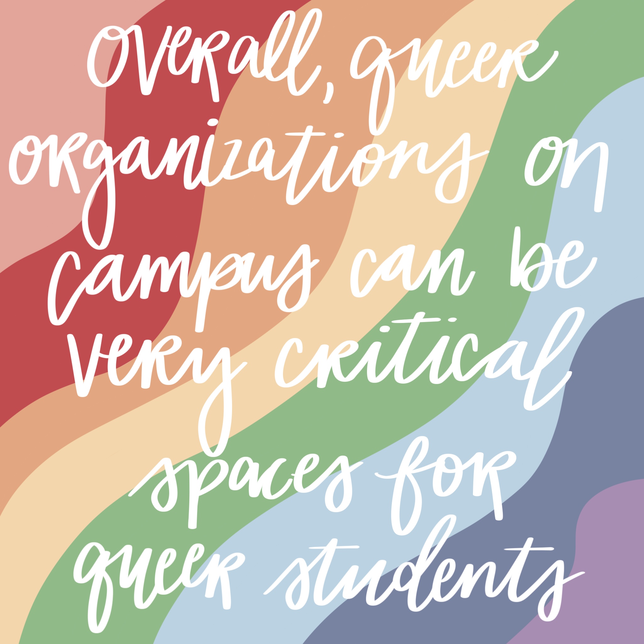 the phrase overall, queer organizations on campus can be very critical spaces for queer students drawn in white against a rainbow background