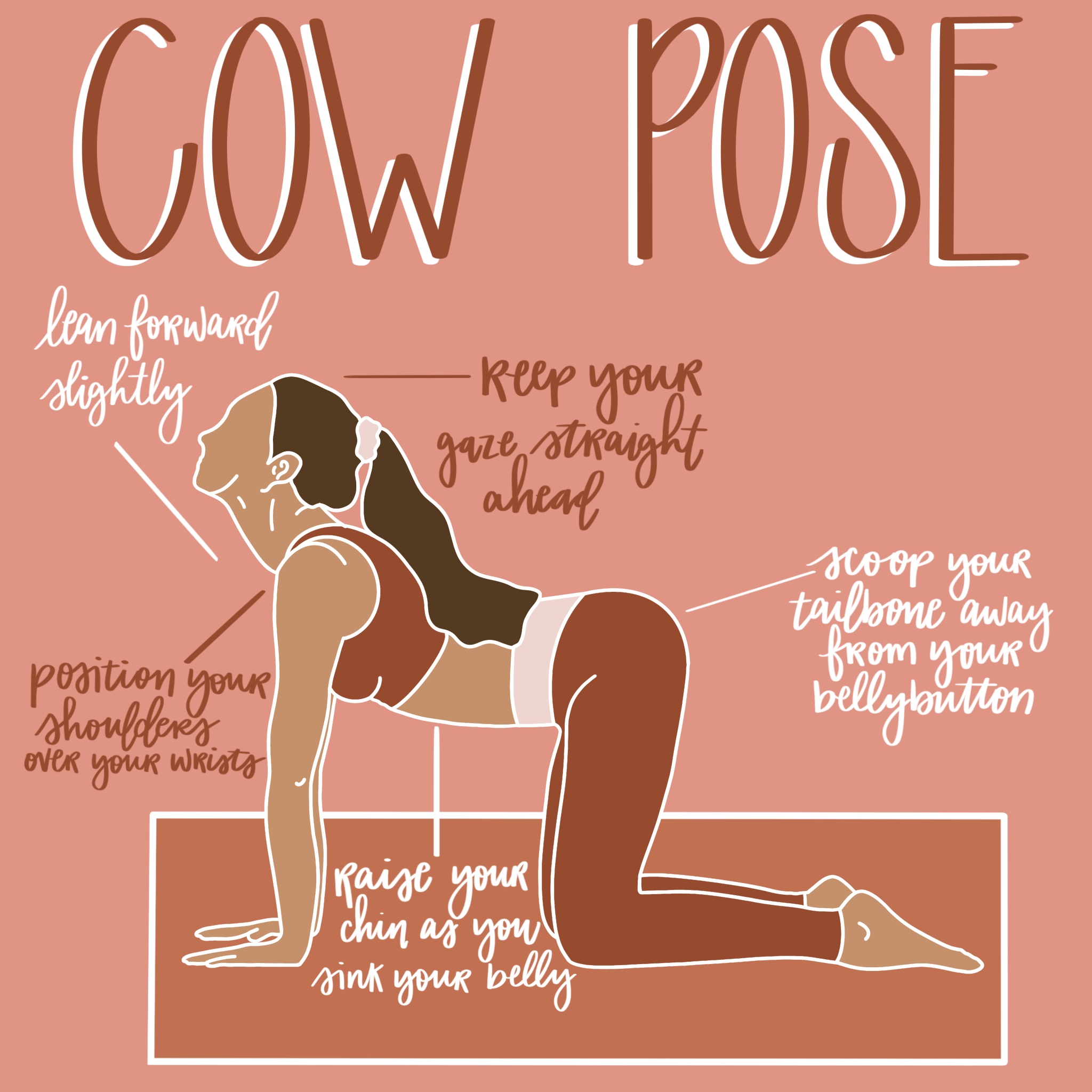 The instructions: Cow Pose, lean forward slightly, keep your gaze straight ahead, scoop you tailbone away from your bellybutton, raise your chin as you sink your belly, position your shoulders over your wrists