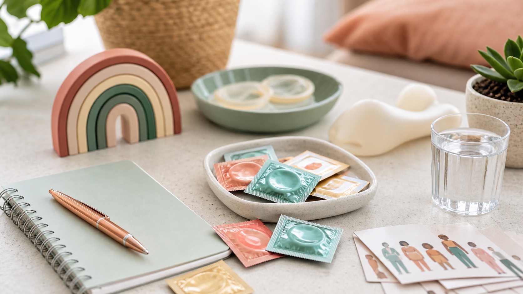 condoms 101 featured Tasteful safer sex education flat lay with condom wrappers and notebook