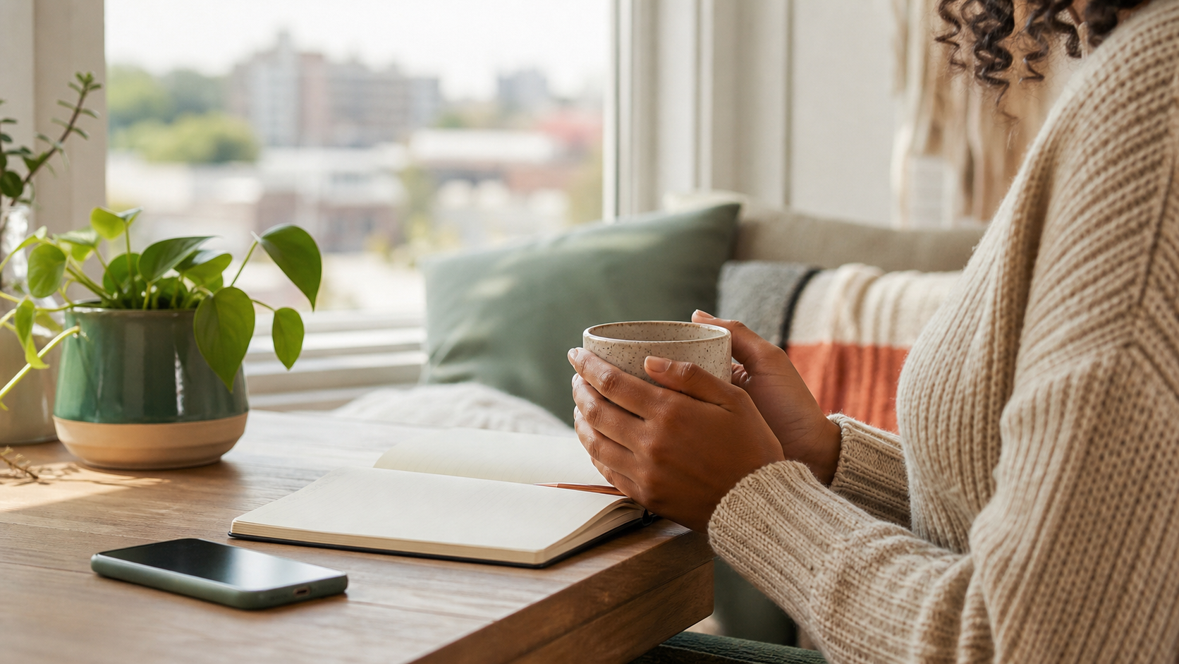 post pandemic social anxiety featured Person holding a mug beside a notebook and phone for calming post-pandemic social anxiety