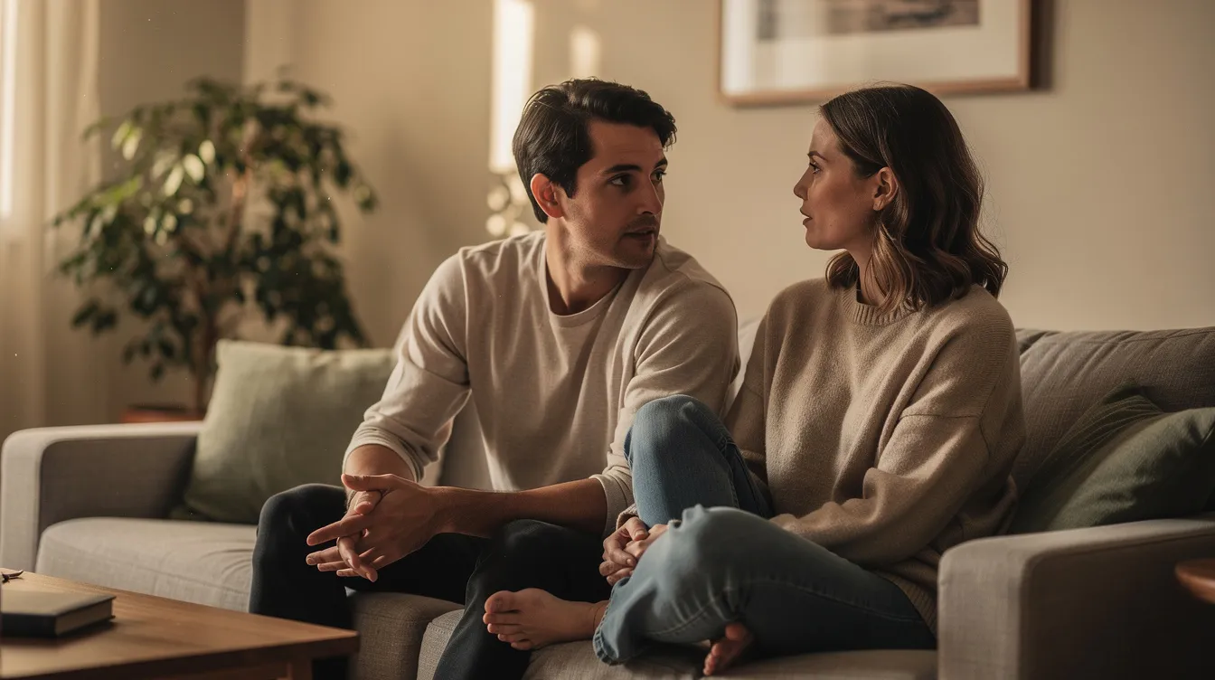 Two people are sitting closely on a couch, engaged in an open conversation illuminated by warm natural light, discussing their feelings about relationships and the possibility of exploring non-monogamy. Their intimate setting suggests a safe space for honest dialogue about romantic relationships and the dynamics of having more than one partner.