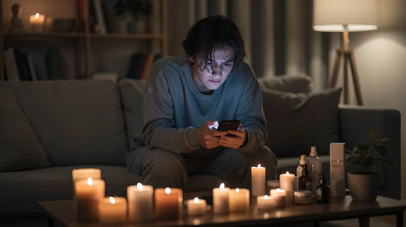 A weary individual sits on a couch, surrounded by unused candles and skincare products, gazing at their phone with an exhausted expression. This scene highlights the struggle of practicing real self care amidst the pressures of daily life and the often overwhelming expectations of wellness.