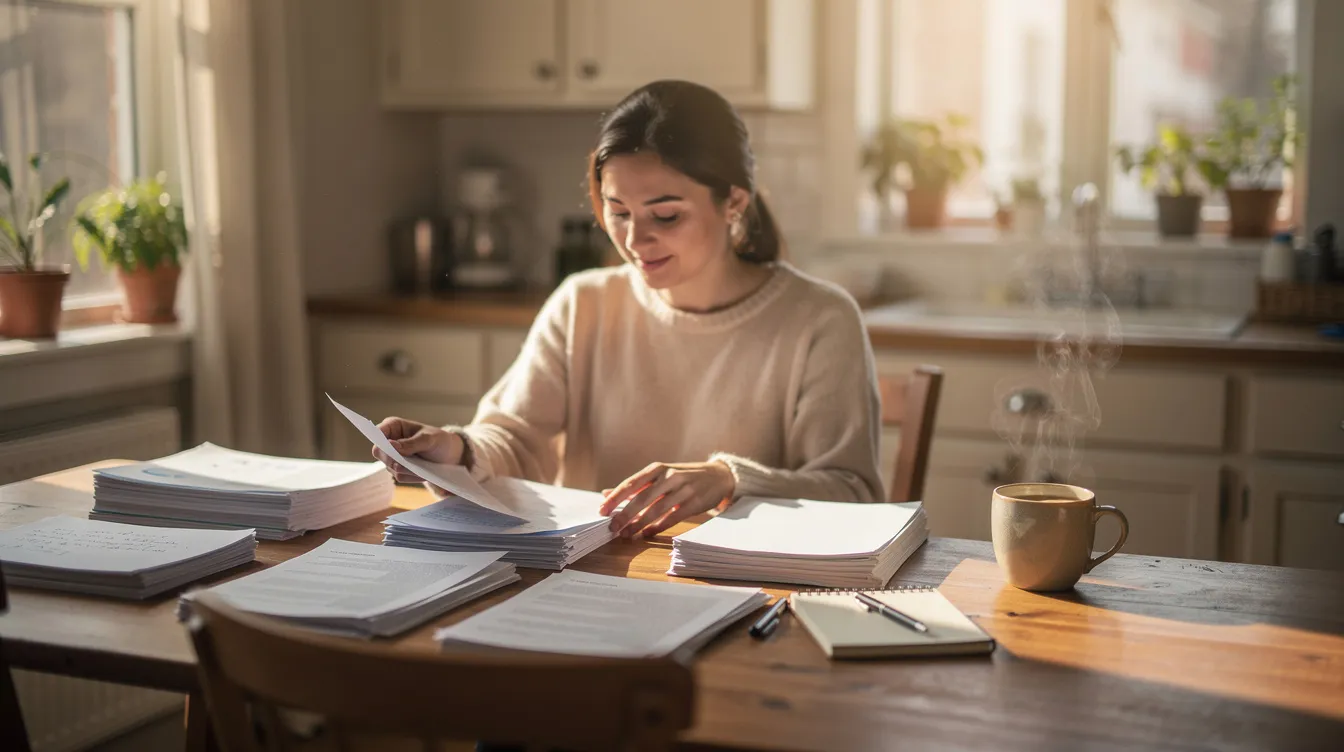 A person sits at a kitchen table, peacefully organizing papers while enjoying a cup of coffee, embodying a moment of self care in their daily life. This scene reflects the importance of managing stress and practicing real self care amidst the demands of life.