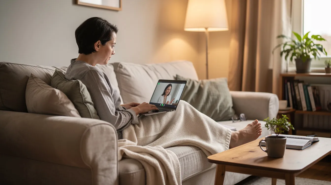 A person is engaged in a calm video therapy session on a laptop in a cozy room, highlighting the importance of seeking professional help for mental health and practicing real self care. The serene environment suggests a supportive space for emotional regulation and coping tools, essential for well-being in daily life.