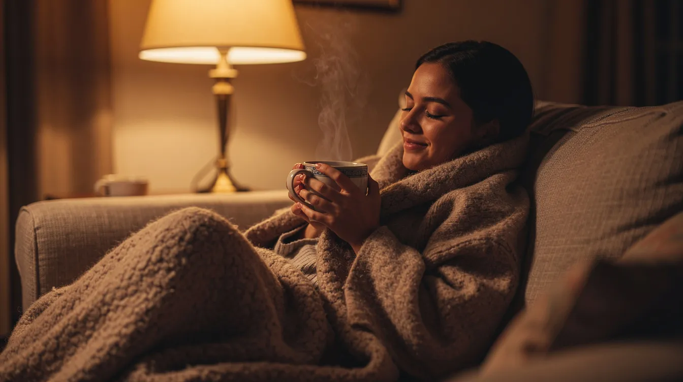 A person is curled up on a cozy couch, holding a warm cup of tea, illuminated by soft lamplight, exuding a sense of peace and relaxation. This moment captures the importance of self-care and the need to reframe rest, reminding us that taking breaks is essential for our well-being and mental health, despite feelings of guilt or cultural pressure to stay busy.
