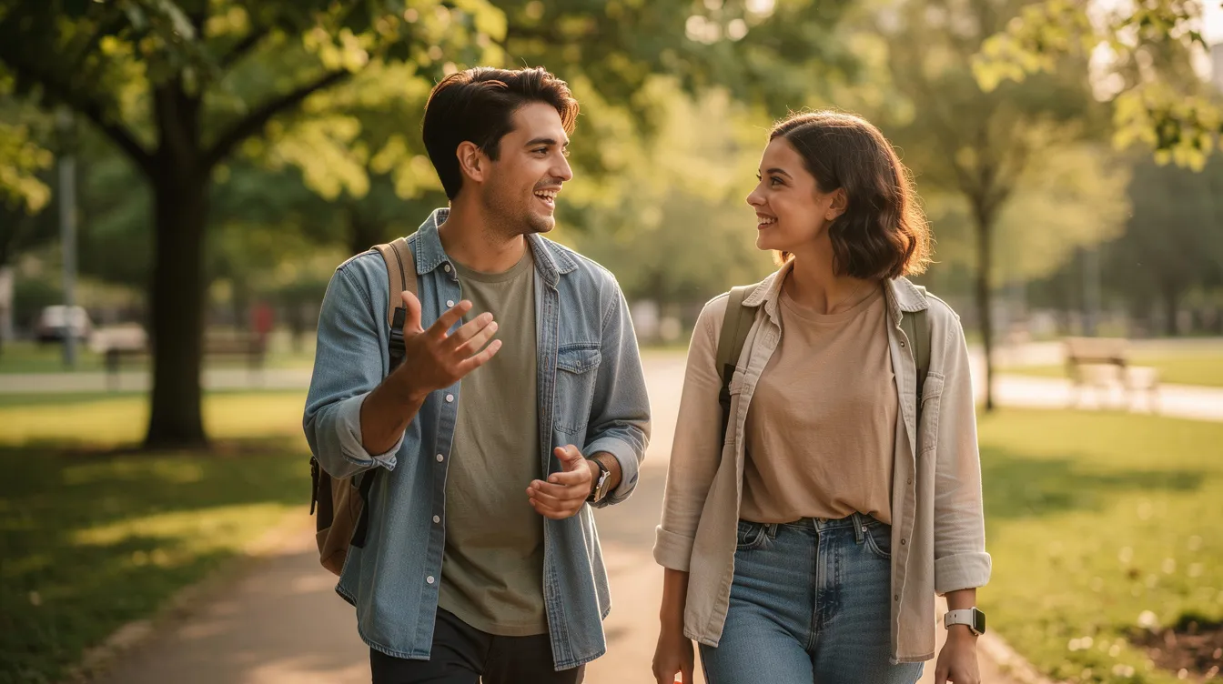 Two friends are walking side by side in a park, with one person gesturing animatedly while discussing a topic, and the other listening attentively, showcasing a real connection and emotional well-being in their relationship. This moment highlights the importance of healthy boundaries and self-awareness in maintaining meaningful interactions.