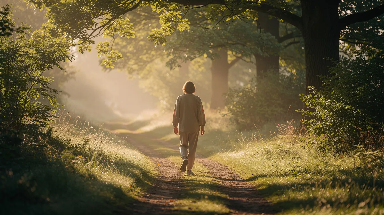 A person walks alone on a serene path surrounded by trees, bathed in soft morning light, exuding a sense of calm and self-compassion as they navigate their inner voice and silence critical thoughts. This tranquil moment reflects the journey of overcoming self-doubt and embracing one's true self amidst the challenges of life.