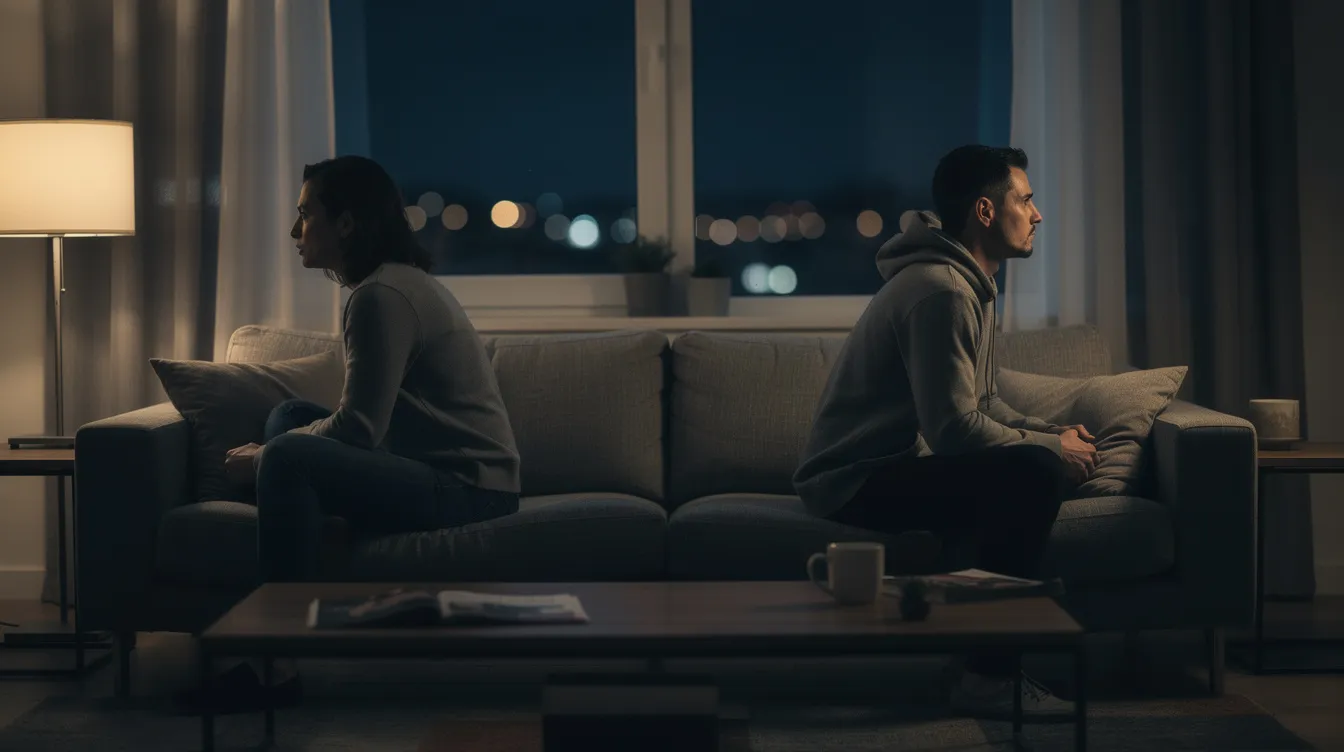 In a dimly lit living room, two individuals sit on opposite ends of a couch, their bodies turned away from each other, embodying emotional withdrawal and unresolved trauma. The scene captures the tension of overwhelming emotions and the challenge of effective communication in high-stress situations, highlighting the impact of past experiences on their mental health.