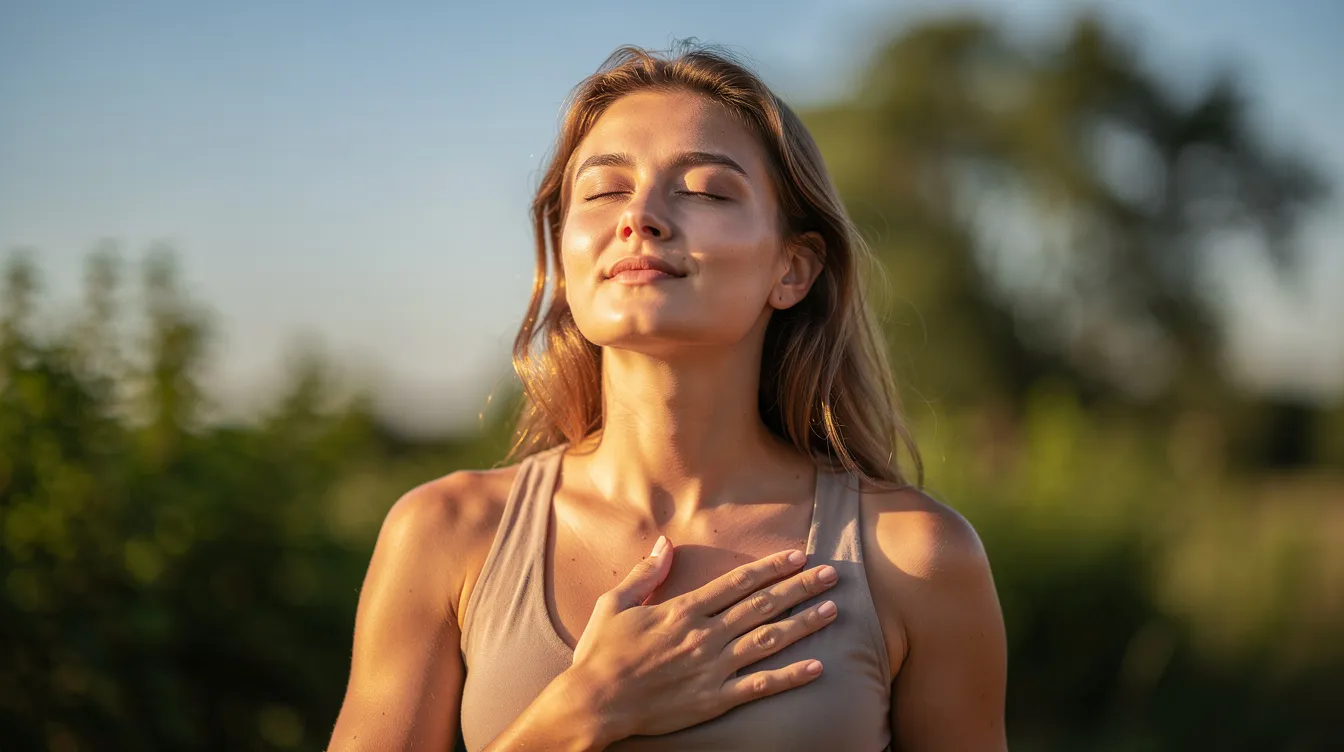 A person stands outdoors in natural sunlight with their eyes closed and hand on their chest, taking a deep breath to cultivate emotional balance and cope with overwhelming emotions. This moment of deep breathing serves as a grounding technique to help manage the stress response and promote mental health.