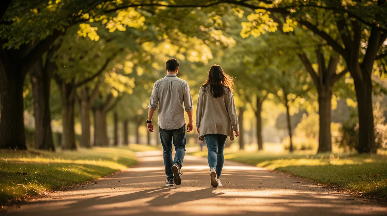 Two people are walking side by side on a serene, tree-lined path, illuminated by warm afternoon light, suggesting a moment of connection and conversation about their relationship status and future together. Their relaxed demeanor hints at a mutual decision to explore their feelings and expectations as they spend quality time together.