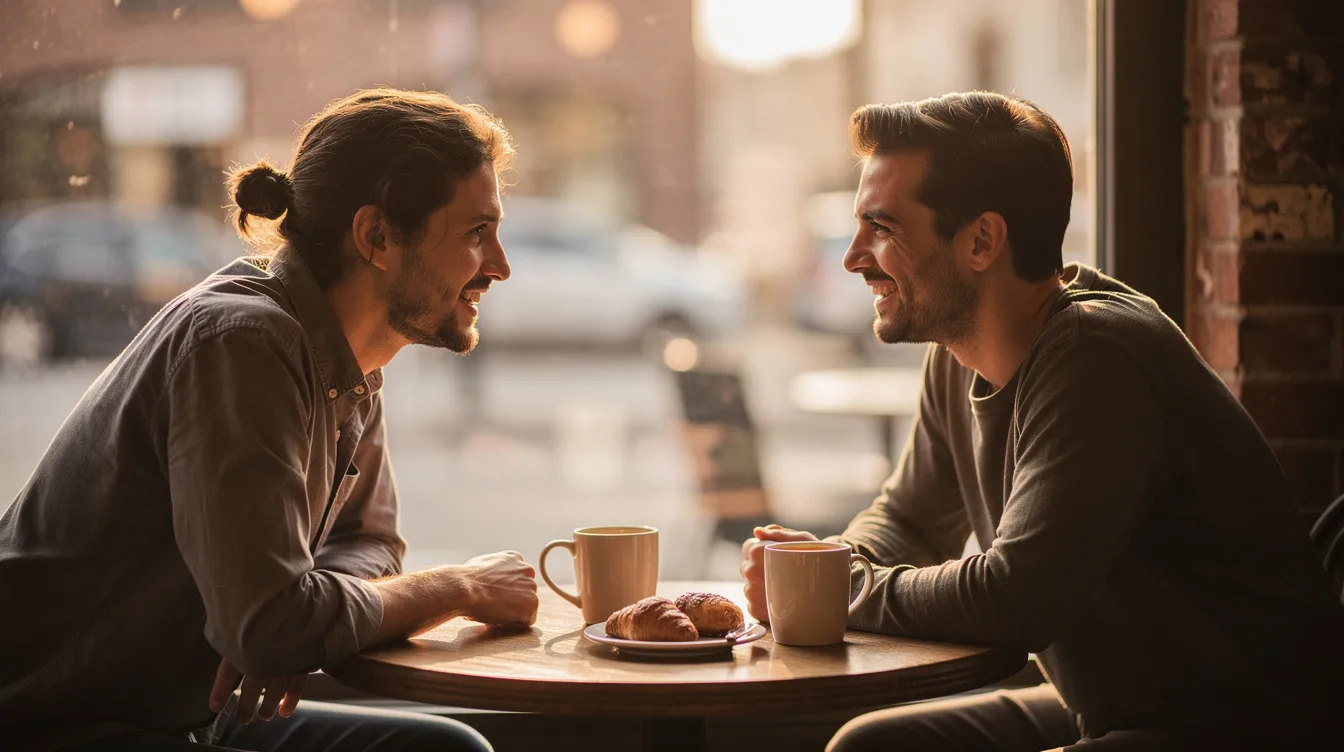 Two people are sitting across from each other at a small cafe table, leaning in closely as they engage in a warm conversation about their relationship status and future expectations. The atmosphere suggests a deep connection as they navigate the complexities of defining their relationship and managing their feelings.