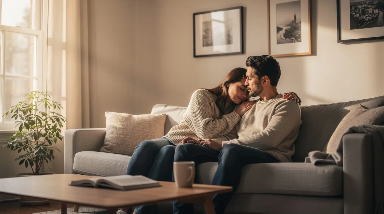 surfer-16232572-01-90a51157-4473-4163-8ca1-196452d0e15e In a cozy living room, two people sit closely together on a couch, one partner gently leaning toward the other, creating an atmosphere of emotional intimacy and connection. Soft natural light enhances their moment, reflecting the warmth of their fulfilling relationship and the importance of paying attention to each other's emotional bids.