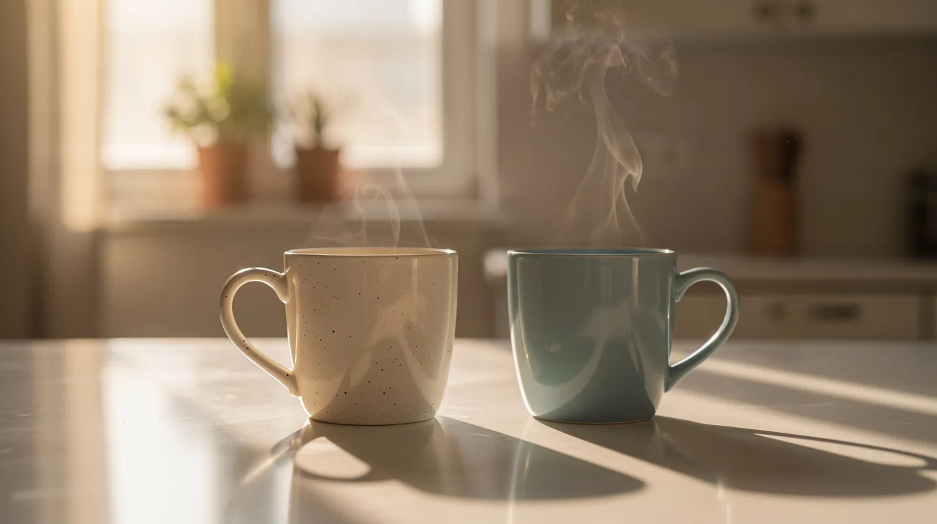 Two coffee mugs sit on a kitchen counter, bathed in warm morning sunlight that streams through a window, creating a cozy domestic scene that evokes feelings of emotional intimacy and connection in a fulfilling relationship. This everyday moment symbolizes the importance of quality time and the emotional bonds that strengthen romantic relationships.
