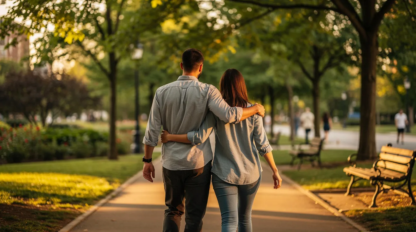 Two people walk side by side in a park, with one person affectionately resting their arm around the other's shoulder, illustrating the importance of physical touch and quality time as primary love languages in fostering connection and relationship satisfaction. Their body language speaks volumes about their mutual respect and understanding in their romantic relationship.