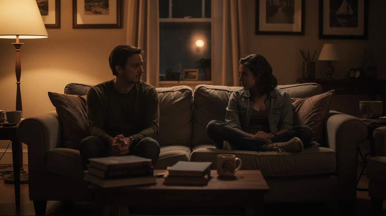 surfer-16232622-01-73fd2bfe-f1e4-4f57-9b1d-04c5ef99c77a In a dimly lit living room, two people sit at opposite ends of a couch, both appearing contemplative and distant, suggesting they may be going through a rough patch in their long-term relationship. Their expressions reflect the emotional weight of their current situation, possibly involving concerns about communication and the future of their partnership.