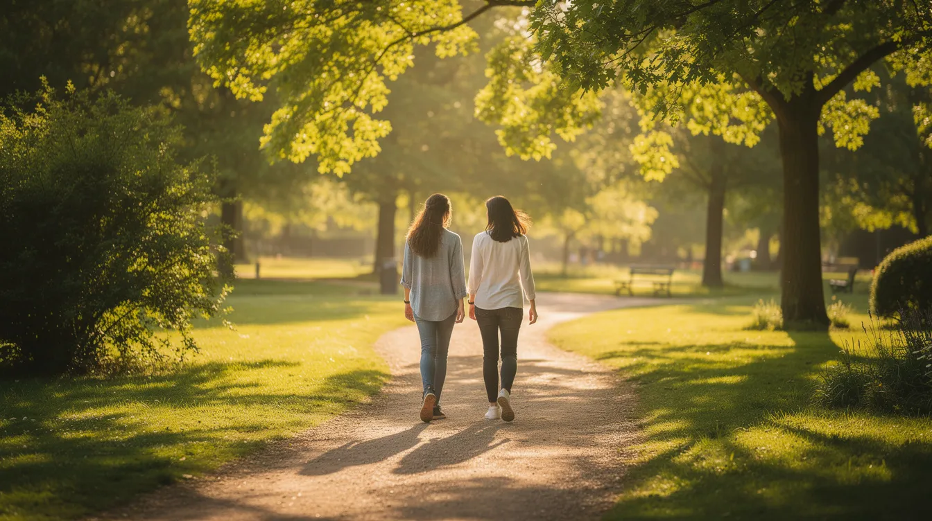 Two people are walking side by side on a sunlit path through a park, representing the journey of a long-term relationship. As they navigate their way, they may be reflecting on the challenges many couples face, such as conflicts and the importance of communication in overcoming rough patches.