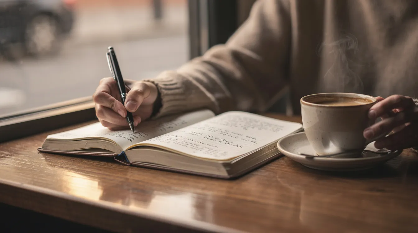 A person sits at a table, deeply engaged in writing in a journal while sipping coffee, reflecting on their relationship and the challenges of navigating a rough patch. This moment captures the emotional effort of understanding core values and communication, essential for long-term well-being and progress.
