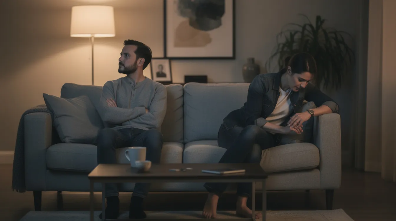 The image shows two people sitting on opposite ends of a couch in a softly lit living room, both looking away from each other, which conveys a sense of emotional distance and the challenges of rebuilding trust in a relationship. Their posture suggests feelings of hurt and the need for honest communication to move forward in their healing process.