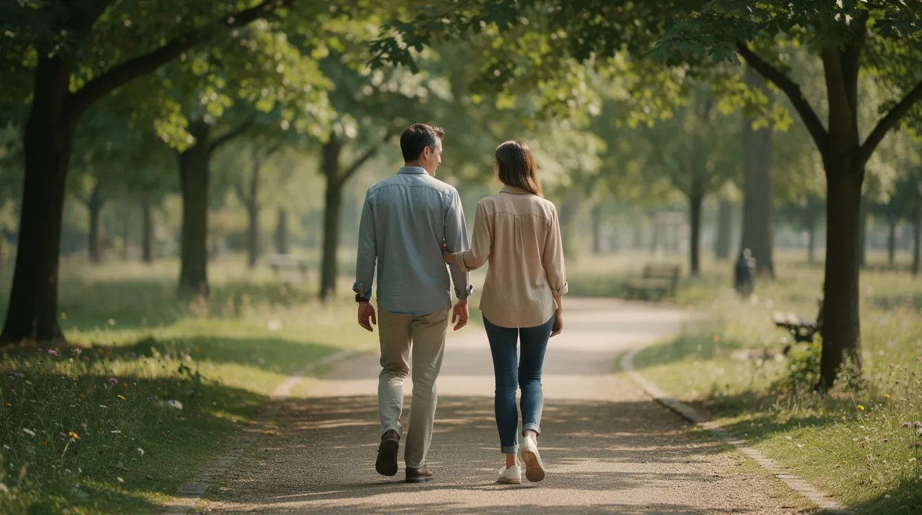 Two people walk side by side on a serene, tree-lined path, bathed in soft daylight, symbolizing the journey of rebuilding trust in a relationship. Their presence together suggests a commitment to honest communication and emotional safety as they navigate their healing process.