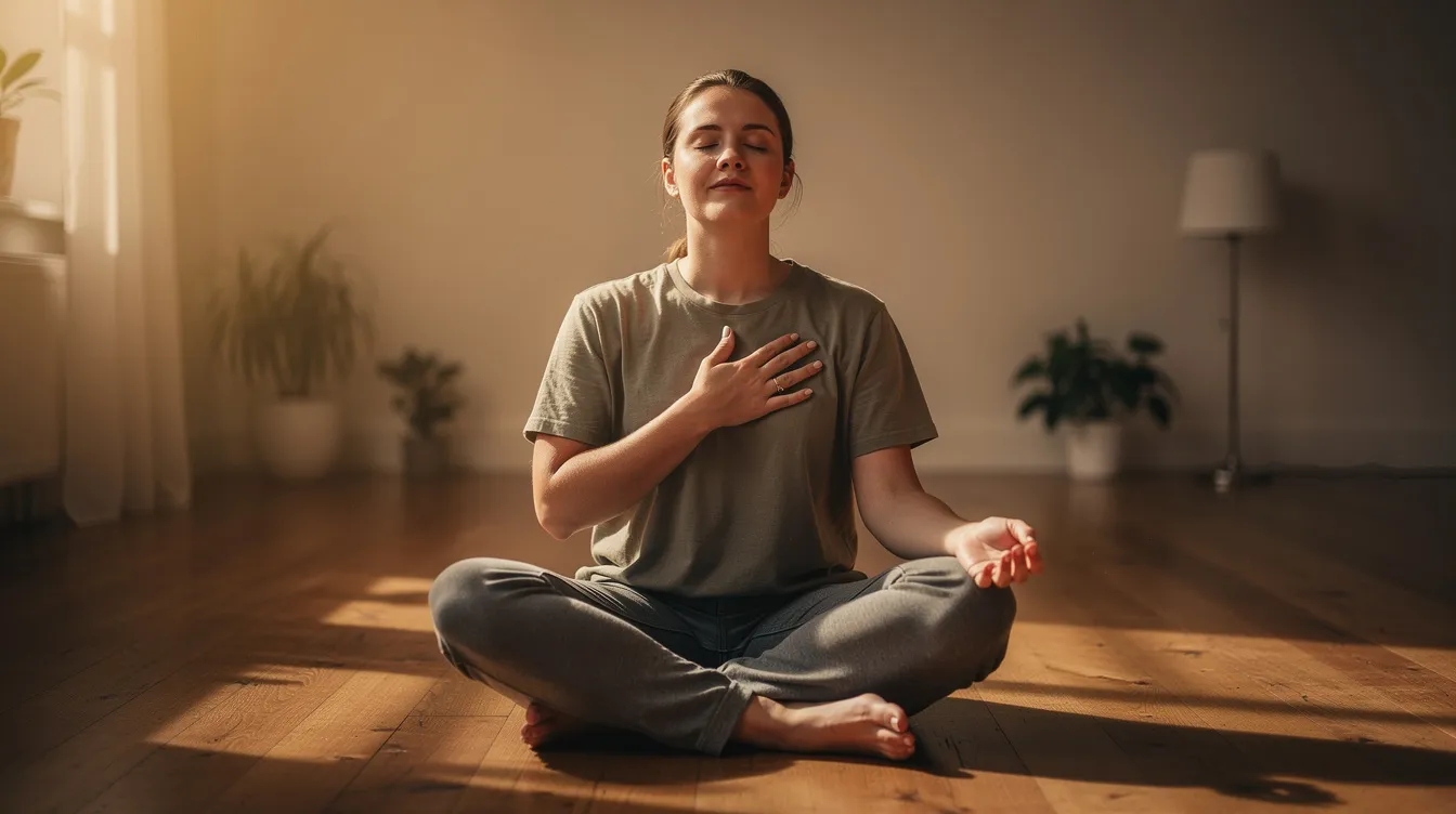 A person is sitting cross-legged on a wooden floor, eyes closed in a softly lit room, practicing a calming breathing exercise to self-soothe and manage difficult feelings like jealousy and insecurity in their life and relationships. This peaceful moment reflects the importance of self-love and confidence in overcoming emotions that arise from jealousy and fear.