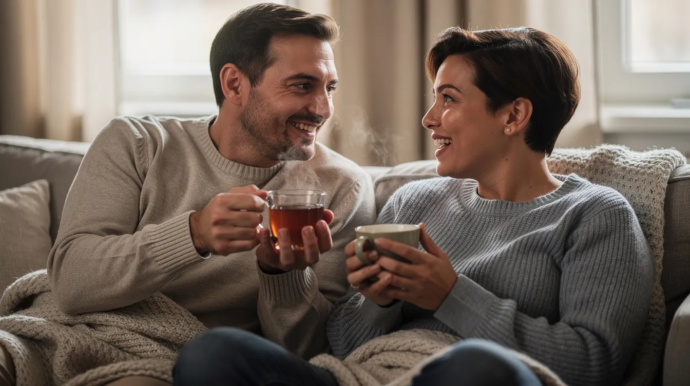 Two people are sitting closely on a couch, engaged in a warm conversation while holding cups of tea, reflecting a moment of connection and openness that can help manage difficult feelings such as jealousy in romantic relationships. Their relaxed posture and attentive expressions suggest a supportive dialogue, essential for building self-esteem and addressing underlying issues.
