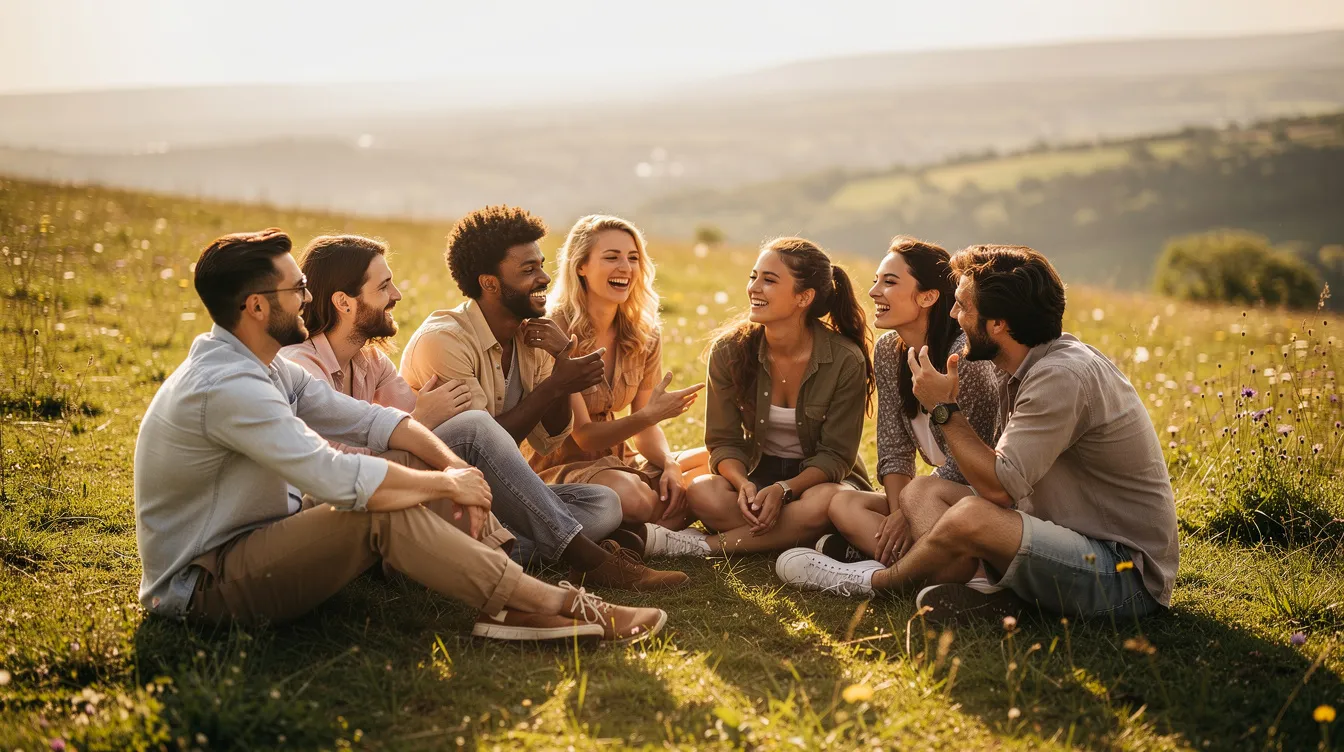 surfer-16232655-01-7e07e0e0-89d0-4143-9065-7421211d47ad A diverse group of friends and partners sits in a circle on a grassy hillside, enjoying the warm afternoon light as they laugh and engage in lively conversation. This scene reflects the principles of relationship anarchy, emphasizing emotional intimacy and the joy of connecting with multiple people in alternative relationships.