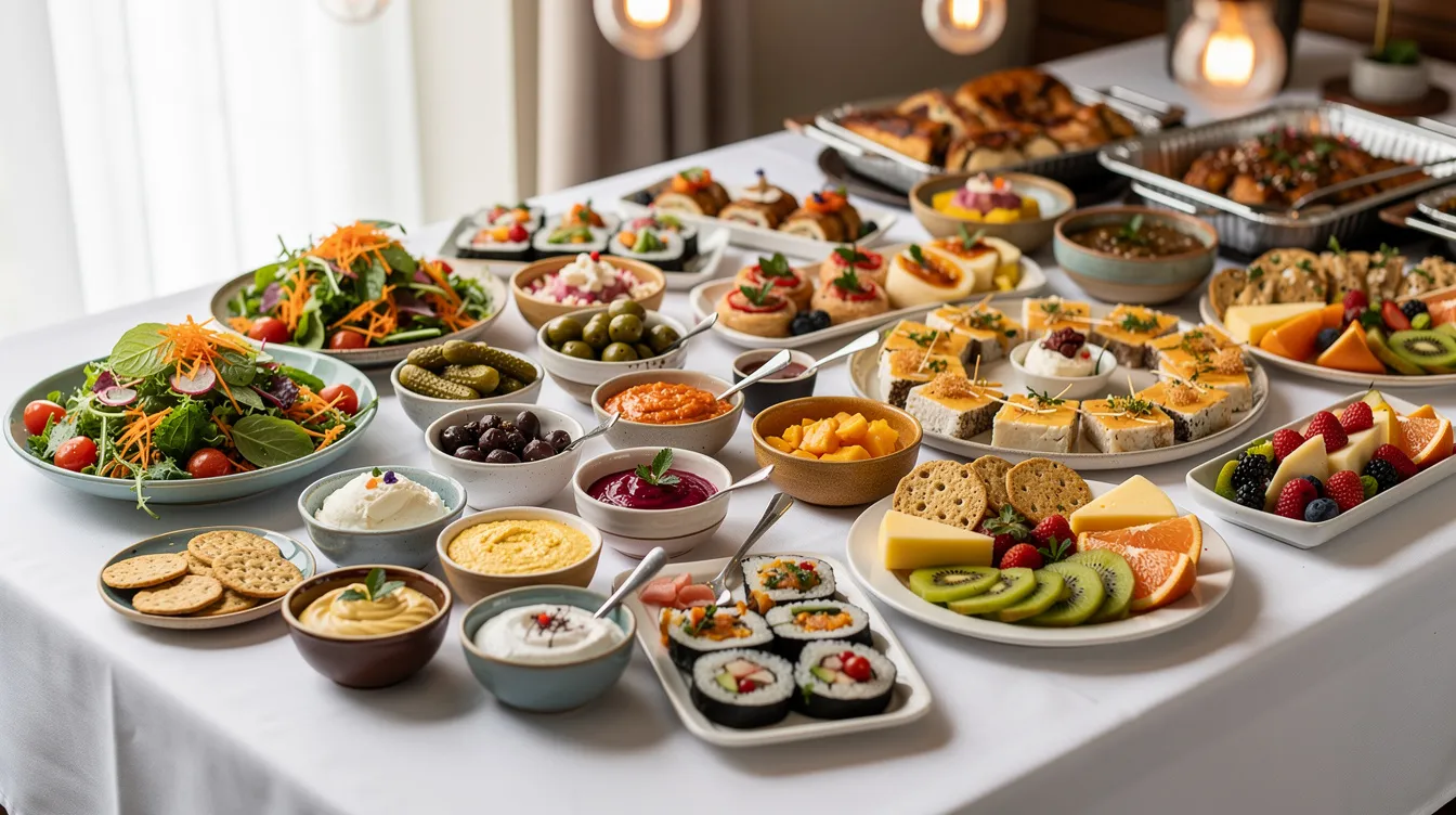 The image depicts a vibrant buffet table filled with an array of small dishes and bowls showcasing a variety of foods, symbolizing the concept of choice and diversity. This colorful spread can be likened to the idea of relationship anarchy, where individuals explore different romantic and platonic relationships without adhering to traditional norms.
