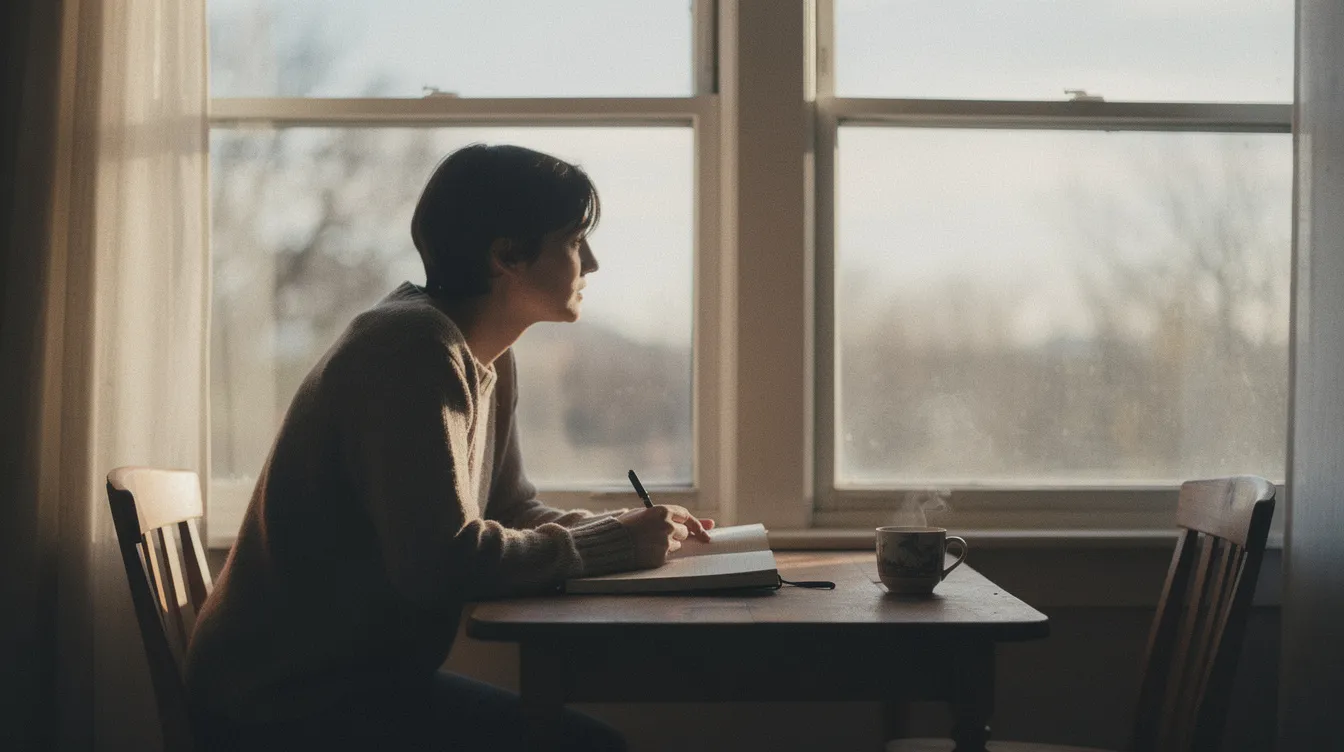 A person sits alone by a window, holding a cup of tea and writing in a journal, exuding a sense of calm and contemplation. This scene reflects the core values of emotional intimacy and freedom often explored in relationship anarchy, highlighting the importance of self-reflection in navigating alternative relationships.