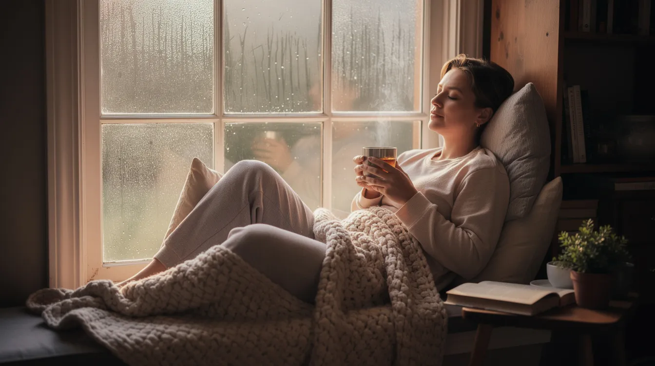 A person sits peacefully in a cozy window seat, cradling a warm cup of tea, embodying a moment of tranquility and rest. This serene scene reflects the importance of self-care, which can be essential for anyone navigating romantic relationships, whether in a monogamous or non-monogamous context.