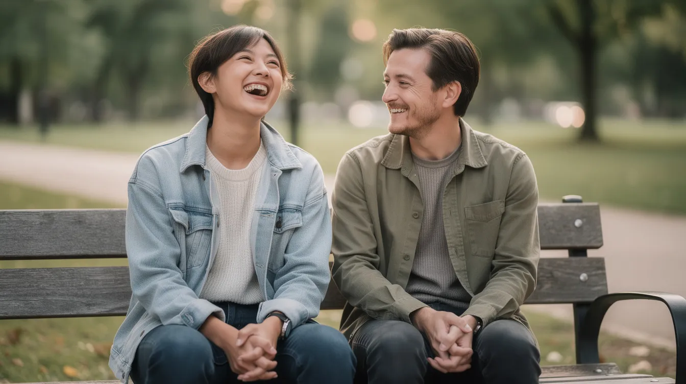 The image depicts two people sitting on a bench outdoors; one is laughing joyfully while the other watches with a warm, relaxed smile, embodying a moment of compersion and empathic joy in their intimate relationship. This scene captures the essence of supportive companionship, highlighting the happiness derived from each other's joy.