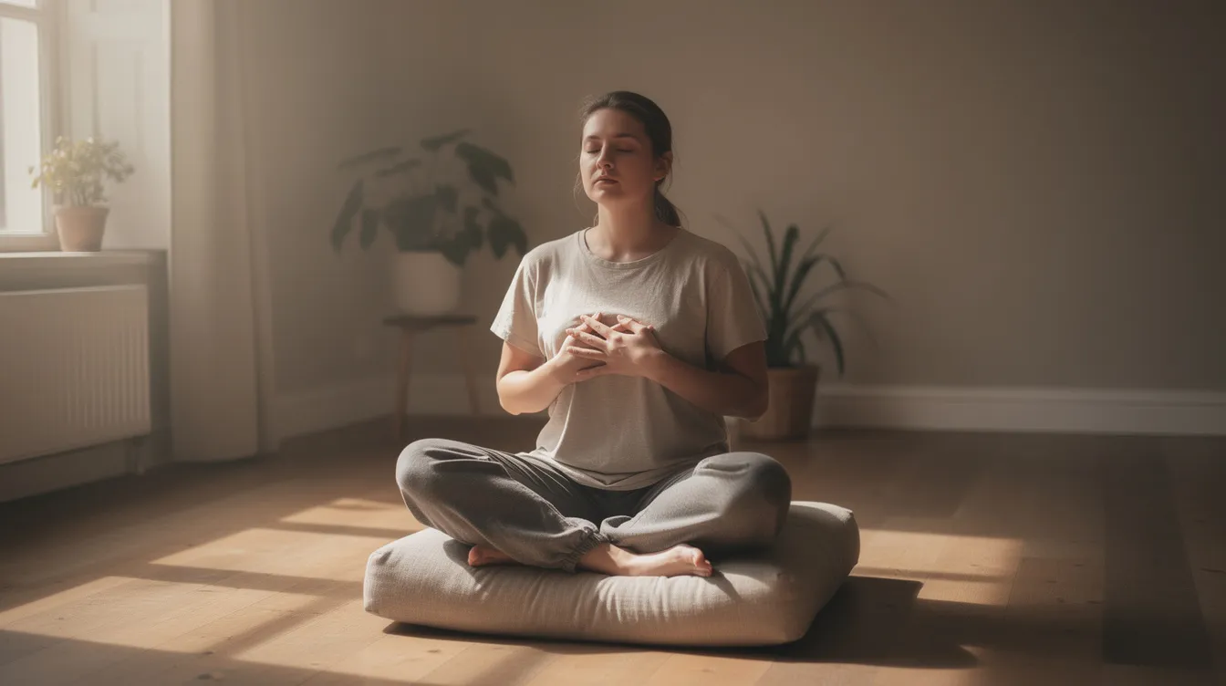 A person is sitting cross-legged on a cushion with their eyes closed and hands resting gently on their chest, surrounded by soft natural light that fills the room, embodying a sense of peace and self-compassion. This serene moment reflects the concept of compersion, where one can experience joy for another's happiness, contrasting with feelings of jealousy.