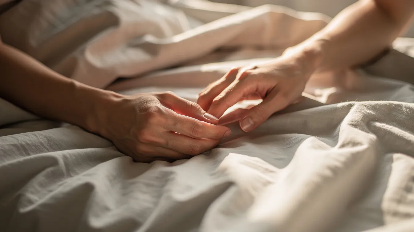The image depicts two people's hands gently intertwined on soft light bedsheets, illuminated by warm natural light, symbolizing intimacy and connection. This serene scene evokes a sense of sexual pleasure and the importance of mutual satisfaction in sexual encounters, highlighting the significance of women's pleasure and the ongoing discussion around the orgasm gap.