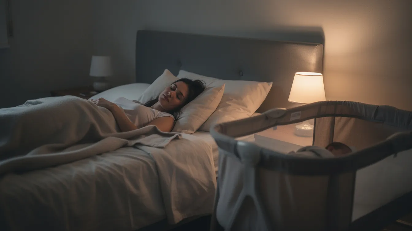 A parent lies in a dimly lit bedroom with their eyes closed, appearing to rest, while a baby bassinet is positioned nearby, suggesting a peaceful moment in the postpartum period. This scene reflects the challenges of new parenthood, including the need for physical intimacy and the adjustments in sexual life after giving birth.
