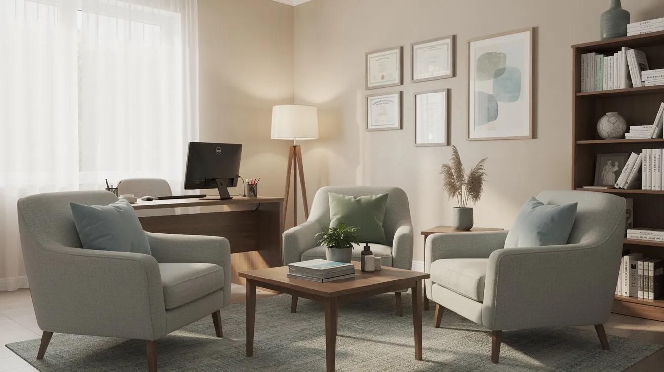 The image depicts a calm and welcoming therapy office, featuring soft lighting and comfortable seating that invites relaxation and conversation. This serene environment is ideal for discussing sensitive topics related to women's health, such as postpartum sex and pelvic floor physical therapy.