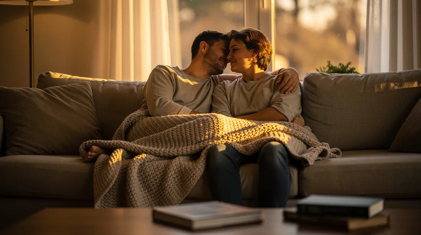 A couple sits closely together on a couch, wrapped in a cozy blanket, exuding emotional intimacy and comfort in the warm evening light. Their relaxed posture and affectionate touches suggest a deep emotional connection, highlighting the importance of physical affection in rekindling sexual desire after a dry spell.