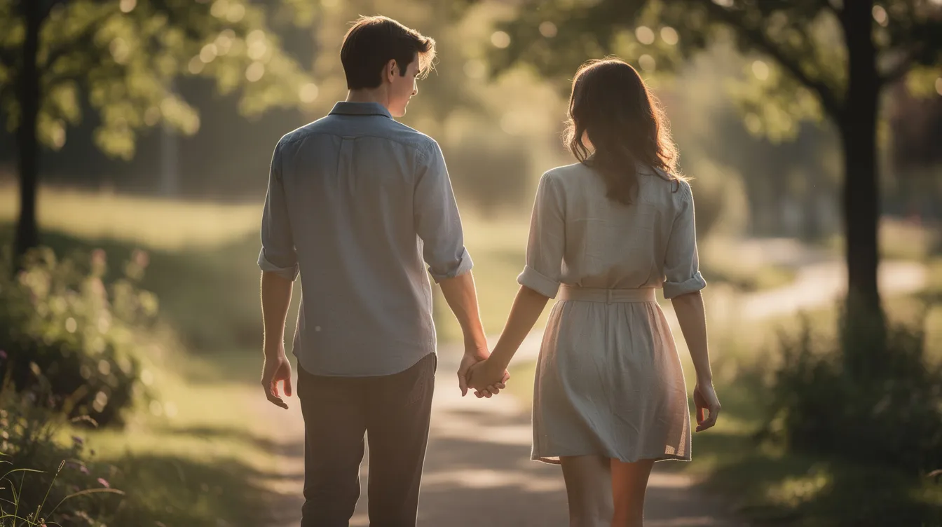 Two people are holding hands while walking outdoors, bathed in soft natural light, symbolizing their emotional connection and physical intimacy. This tender moment reflects the importance of affection and emotional attunement in nurturing a fulfilling sex life.