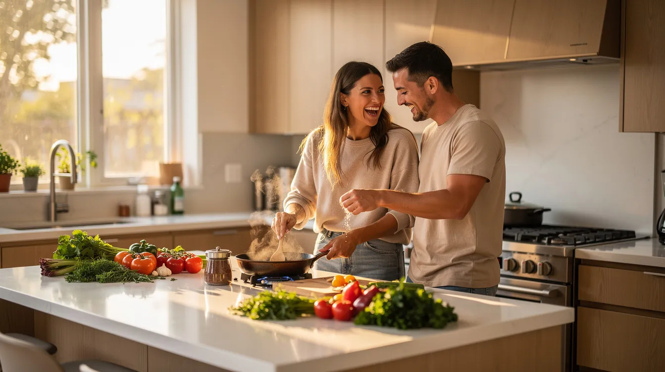 A couple is joyfully cooking together in a bright kitchen, sharing laughter and standing close, showcasing their emotional intimacy and connection. Their playful interaction highlights the importance of physical affection in nurturing a healthy relationship and rekindling sexual desire.