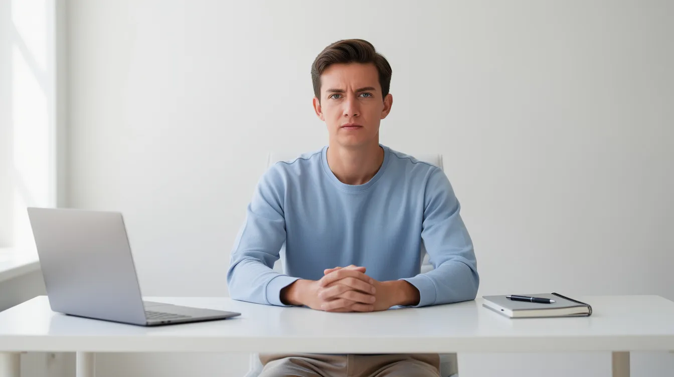 surfer-16232955-01-f11b0fe1-5558-4a3a-a401-ce81bee88376 A person sits at a tidy desk in a bright room, appearing calm with hands folded, but subtle tension in their shoulders and jaw suggests they may be experiencing high functioning anxiety symptoms. This image reflects the internal struggles of managing anxiety, highlighting the contrast between a composed exterior and the physical symptoms of ongoing anxiety.