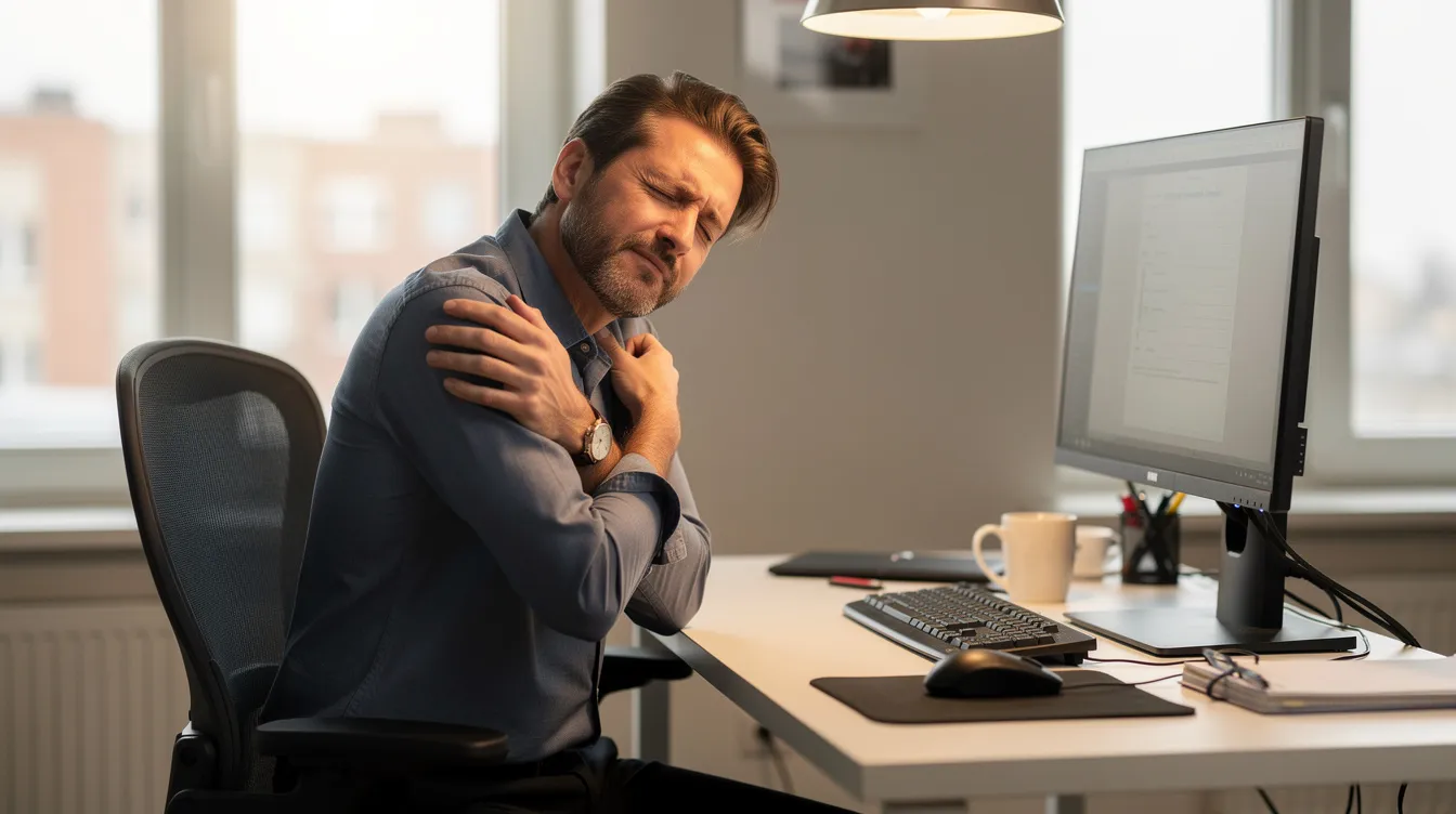 A person at their workstation is stretching their neck and shoulders with their eyes closed, visibly displaying signs of muscle tension and fatigue, which may indicate high functioning anxiety symptoms. This image reflects the internal struggles and physical symptoms often experienced by individuals dealing with ongoing anxiety in their daily lives.
