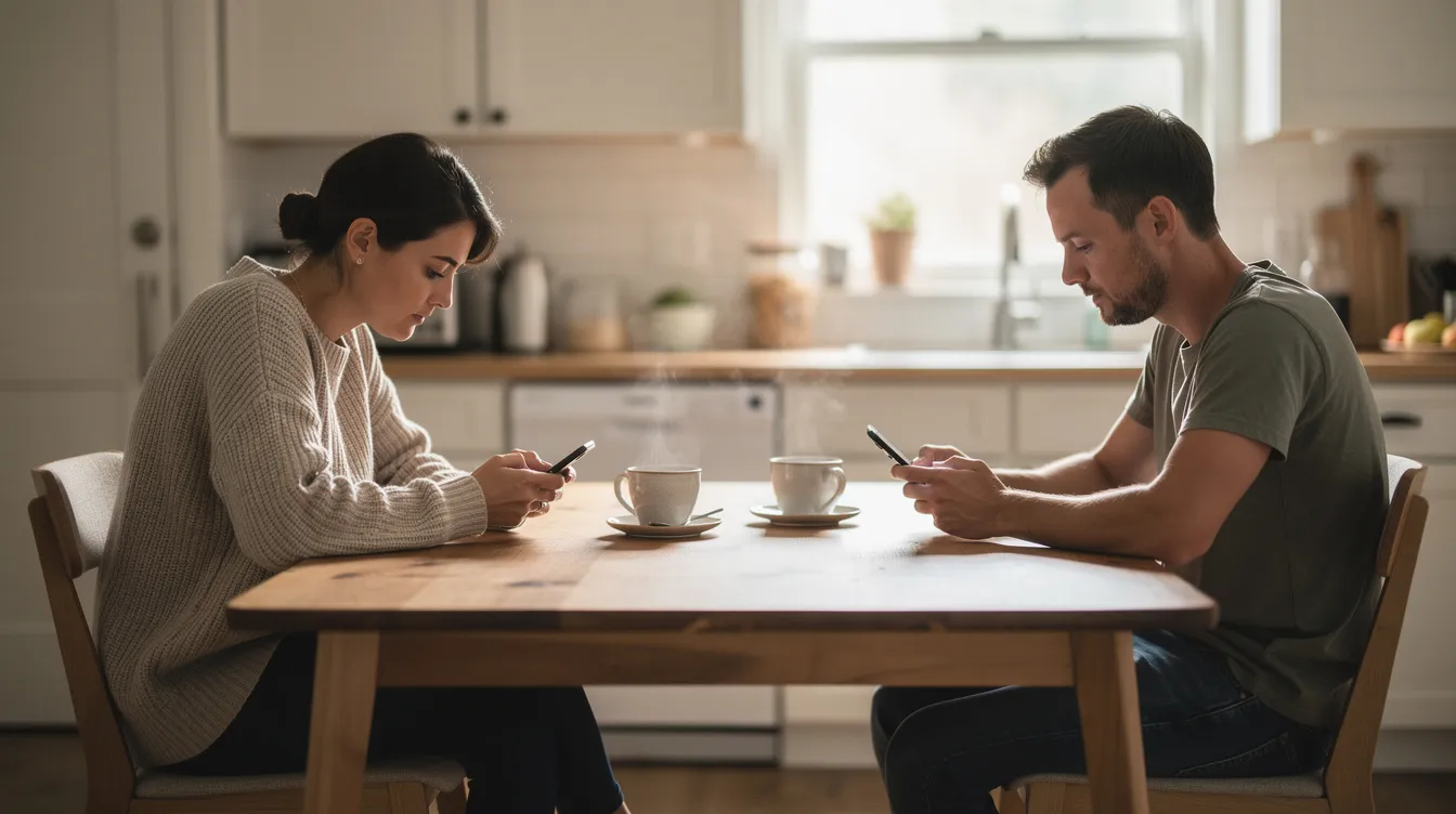 The image depicts two people sitting at a kitchen table, both absorbed in their phones while coffee cups sit between them, illustrating a sense of emotional disconnection and loneliness in their relationship despite being physically present in the same room. This scene highlights the challenges many couples face in maintaining emotional intimacy and open communication.