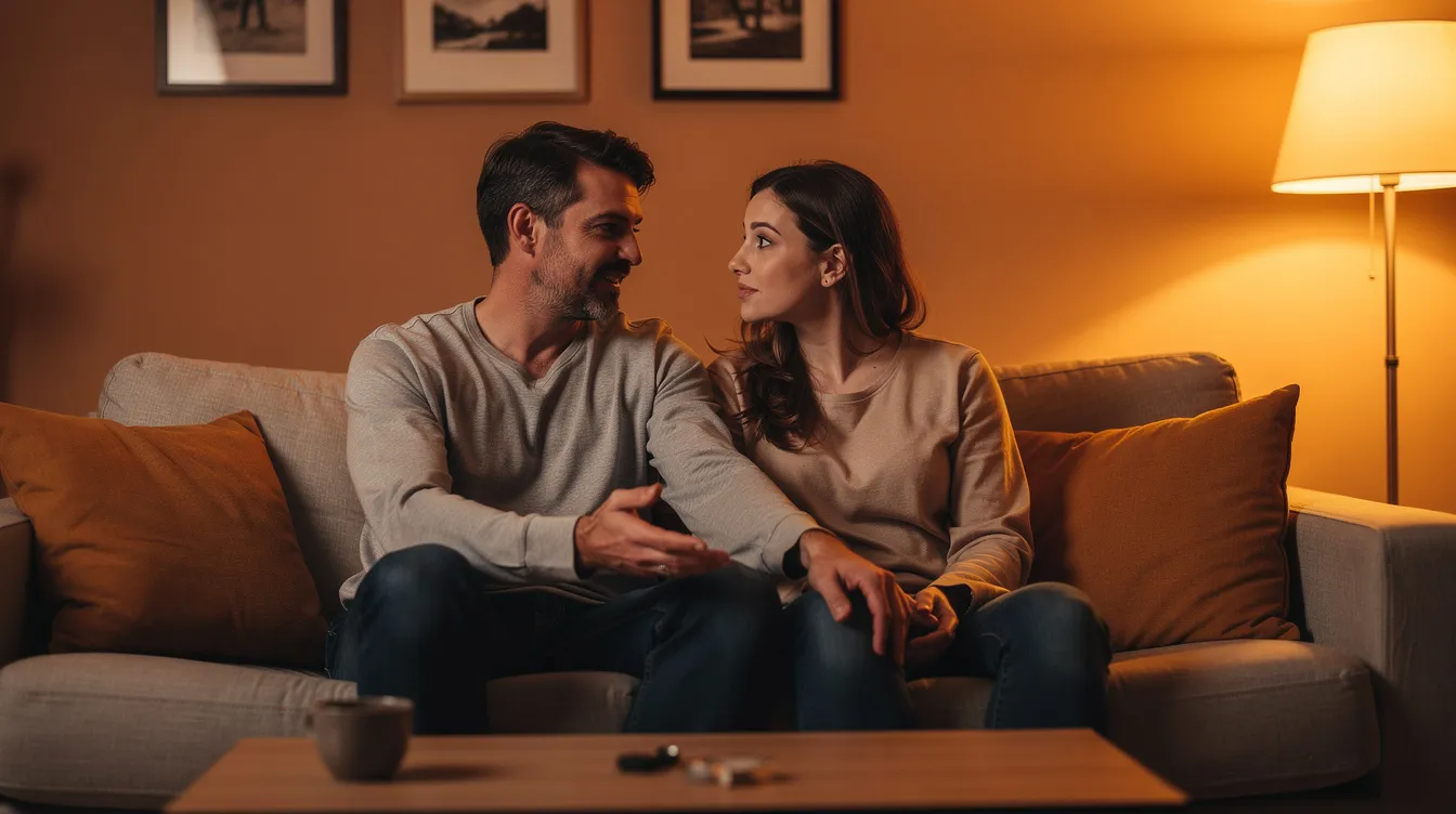 Two people sit close together on a couch, engaged in a quiet conversation under warm lighting, reflecting emotional intimacy and a desire to rebuild their emotional connection. Despite their physical proximity, there is an underlying feeling of loneliness in their relationship, highlighting the complexities of emotional disconnection even in shared moments.